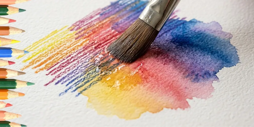 Lápiz acuarelable de color disolviéndose con un pincel húmedo sobre papel