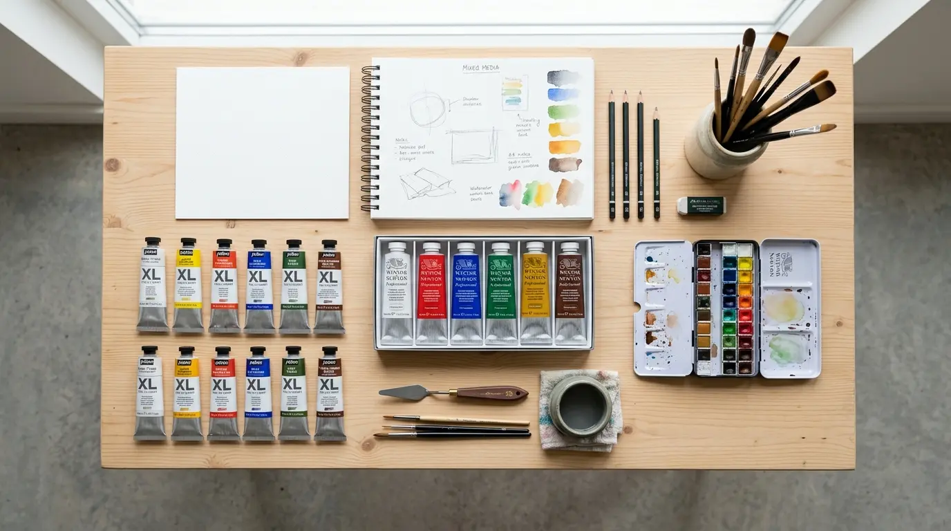 Mesa de artista con materiales de acrílico, óleo y acuarela ordenados por grupos