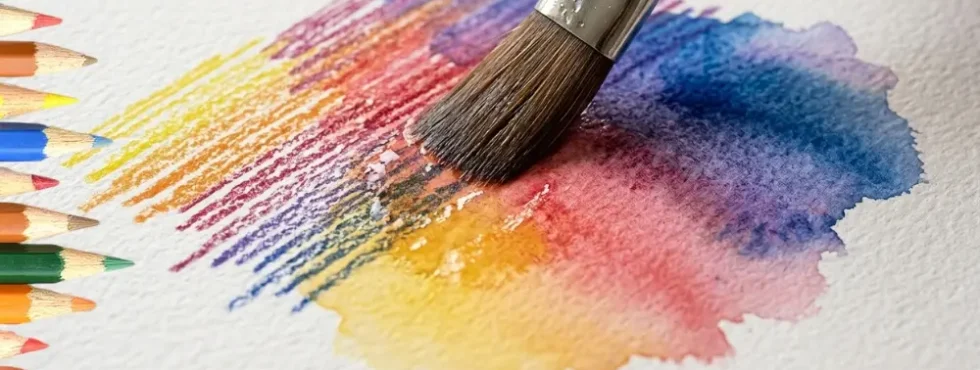 Lápiz acuarelable de color disolviéndose con un pincel húmedo sobre papel