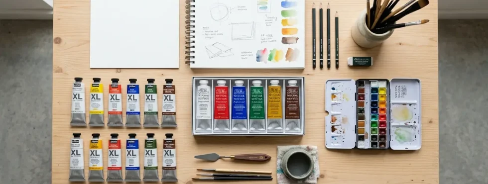 Mesa de artista con materiales de acrílico, óleo y acuarela ordenados por grupos